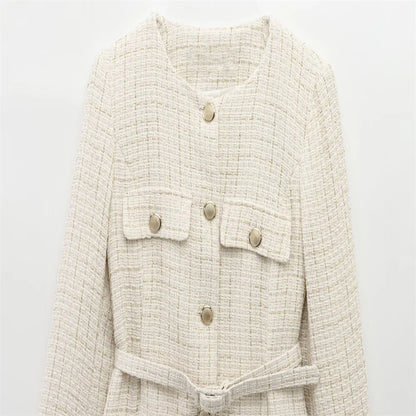 PB&ZA 2025 Women Beige Tweed Jacket with Gold Buttons and Belt Long Sleeves and Front Pockets for Sale on AliExpress