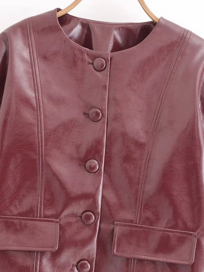 PB&ZA Women 2024 Winter New Fashion Ginishly Faux Leather Jacket Coat Vintage Long Sleeve Button Casual Outerwear Chic Overshirt