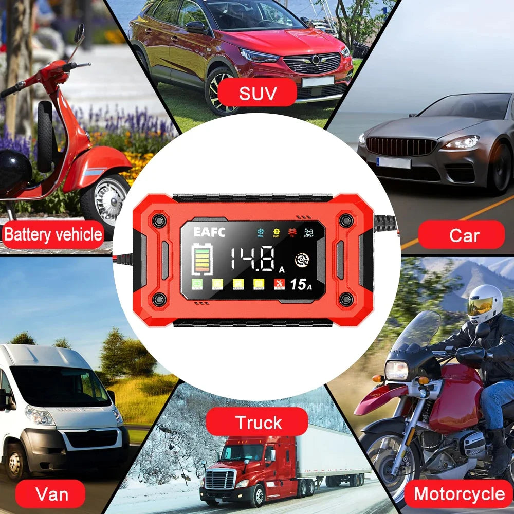 Cargador de batería de coche inteligente de 12V, 15A/8A, reparación de pulso, arranque automático, cargador rápido, baterías de plomo y ácido para motocicleta y camión