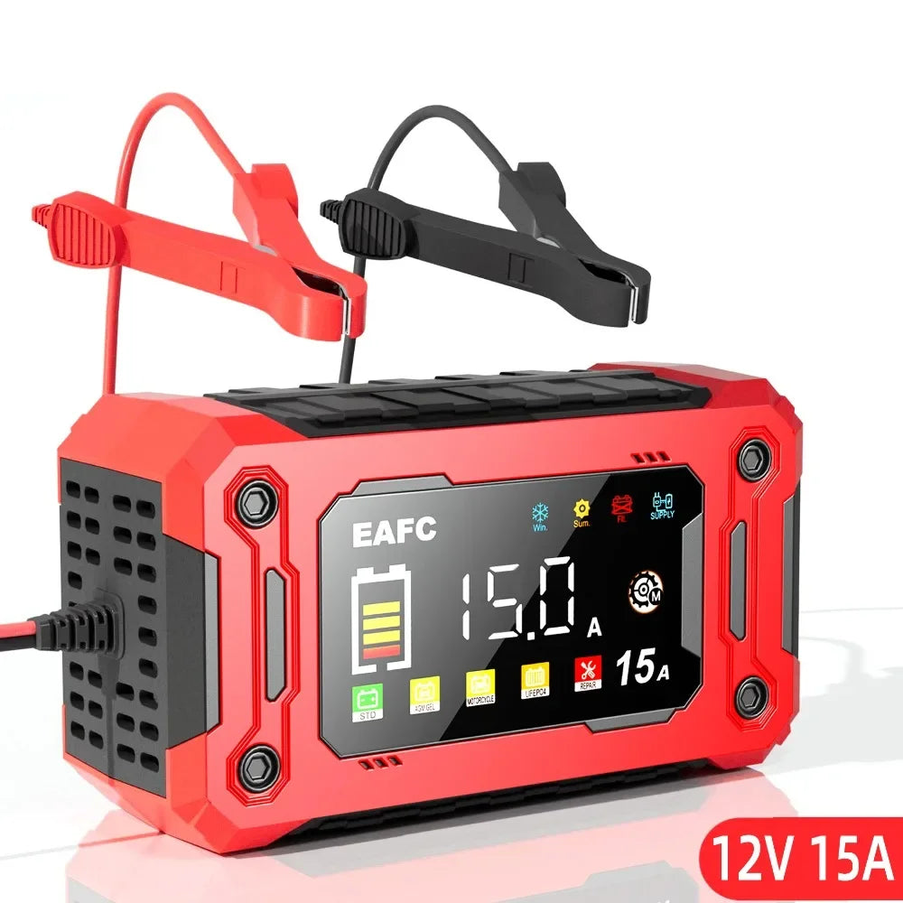 Cargador de batería de coche inteligente de 12V, 15A/8A, reparación de pulso, arranque automático, cargador rápido, baterías de plomo y ácido para motocicleta y camión