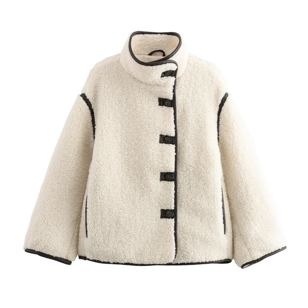 BMURHMZA Women's High Neck Loose Edition Warm Long Sleeve Teddy Velvet Coat Winter New Solid Color Thick Jacket