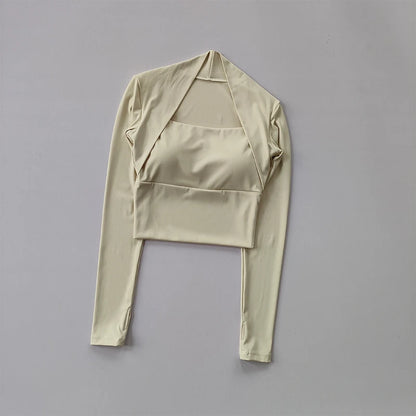 Fitness Chest Cushion Sports Top Women Long Sleeve Shirts Pra Speed Up Short Elegant Dance Yoga Clothes Small Waistband Gym