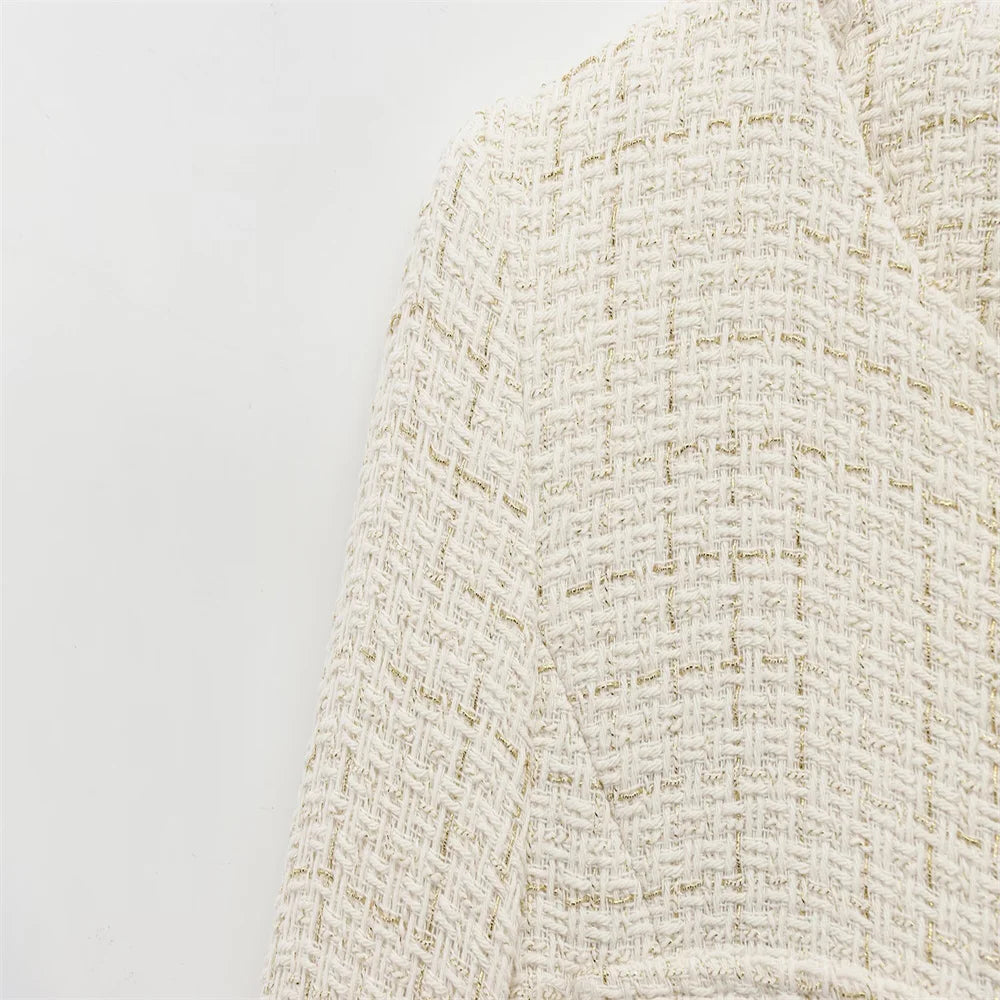 PB&ZA 2025 Women Beige Tweed Jacket with Gold Buttons and Belt Long Sleeves and Front Pockets for Sale on AliExpress