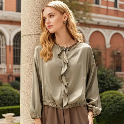 2025 Myst&Za Summer New Jacket Stand up Collar with Mushroom Edge Stacked Decoration Khaki Short Jacket Top