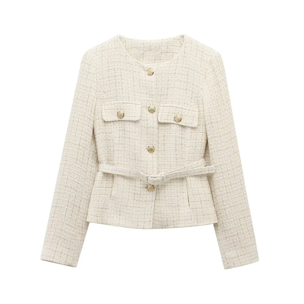 PB&ZA 2025 Women Beige Tweed Jacket with Gold Buttons and Belt Long Sleeves and Front Pockets for Sale on AliExpress