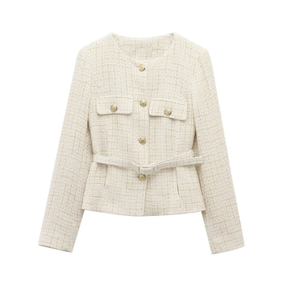 PB&ZA 2025 Women Beige Tweed Jacket with Gold Buttons and Belt Long Sleeves and Front Pockets for Sale on AliExpress