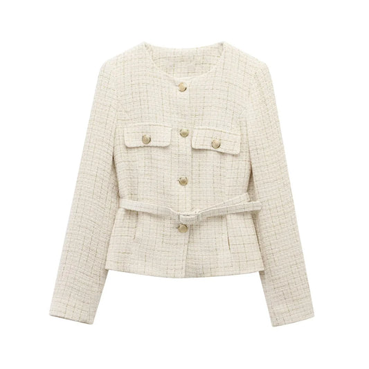PB&ZA 2025 Women Beige Tweed Jacket with Gold Buttons and Belt Long Sleeves and Front Pockets for Sale on AliExpress