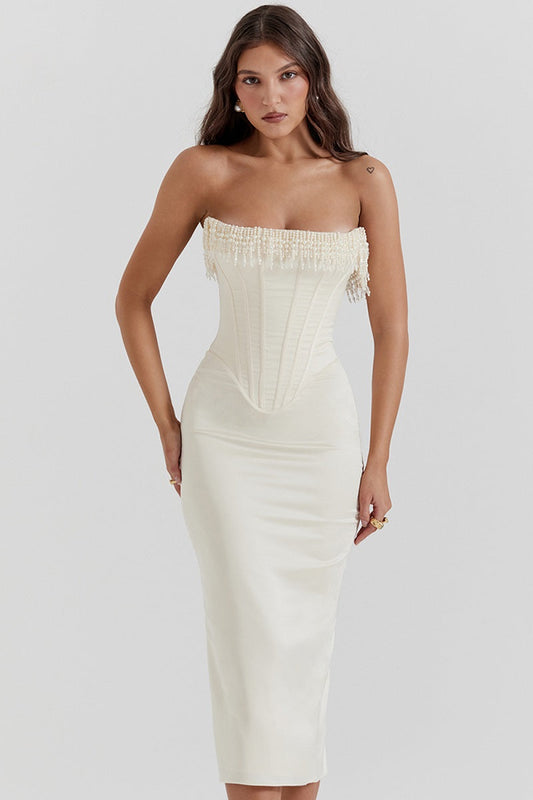 Olivia | Strapless Pearl Midi Dress