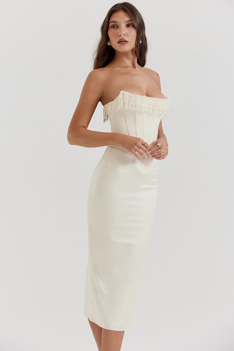 Olivia | Strapless Pearl Midi Dress