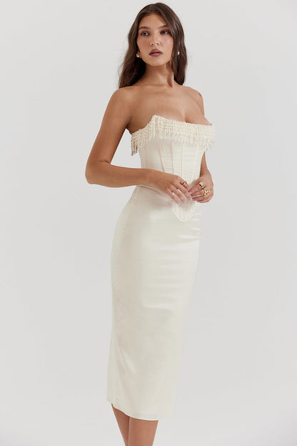 Olivia | Strapless Pearl Midi Dress