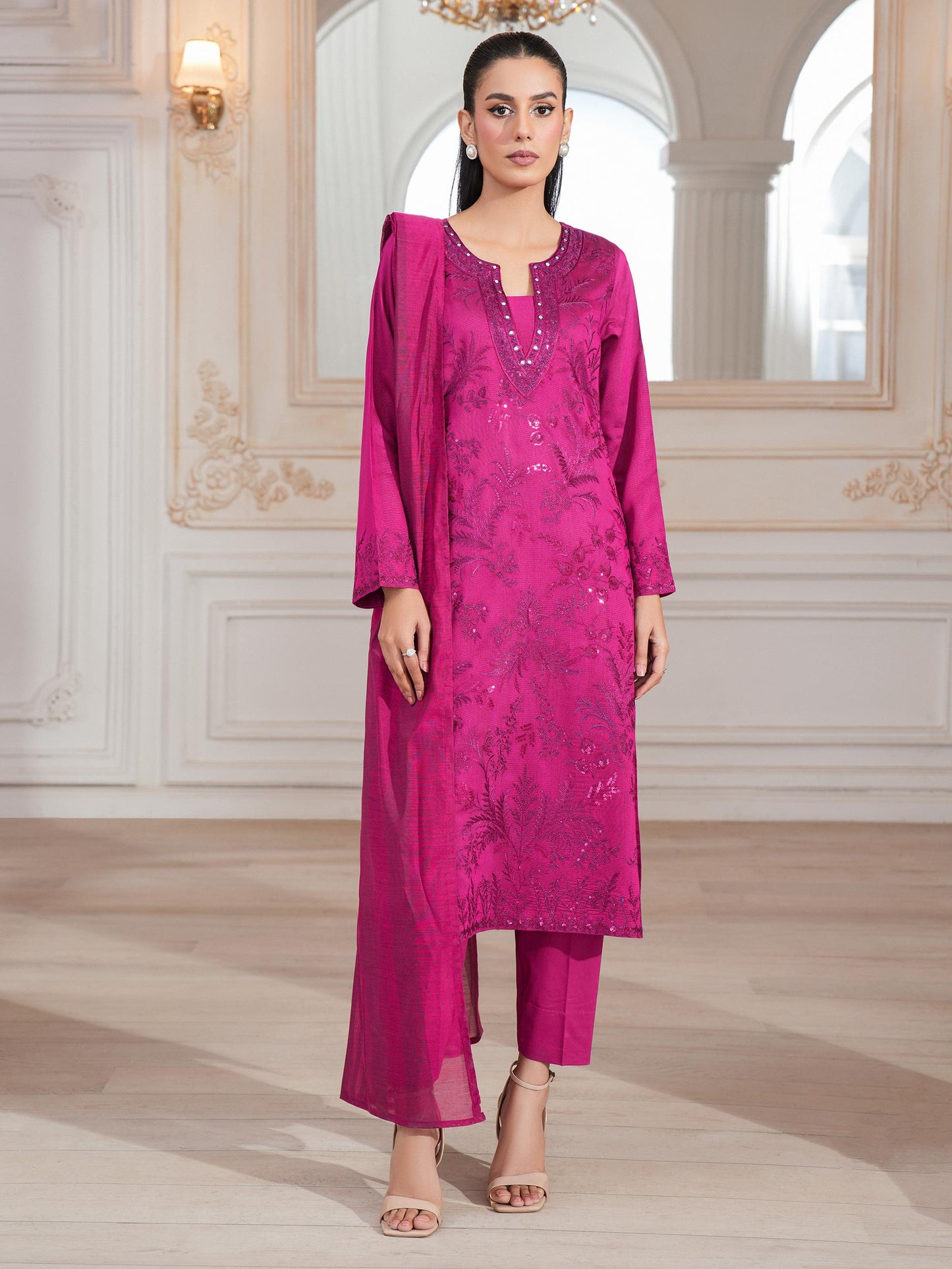 3 Piece Raw Silk Suit-Embroidered (Unstitched)