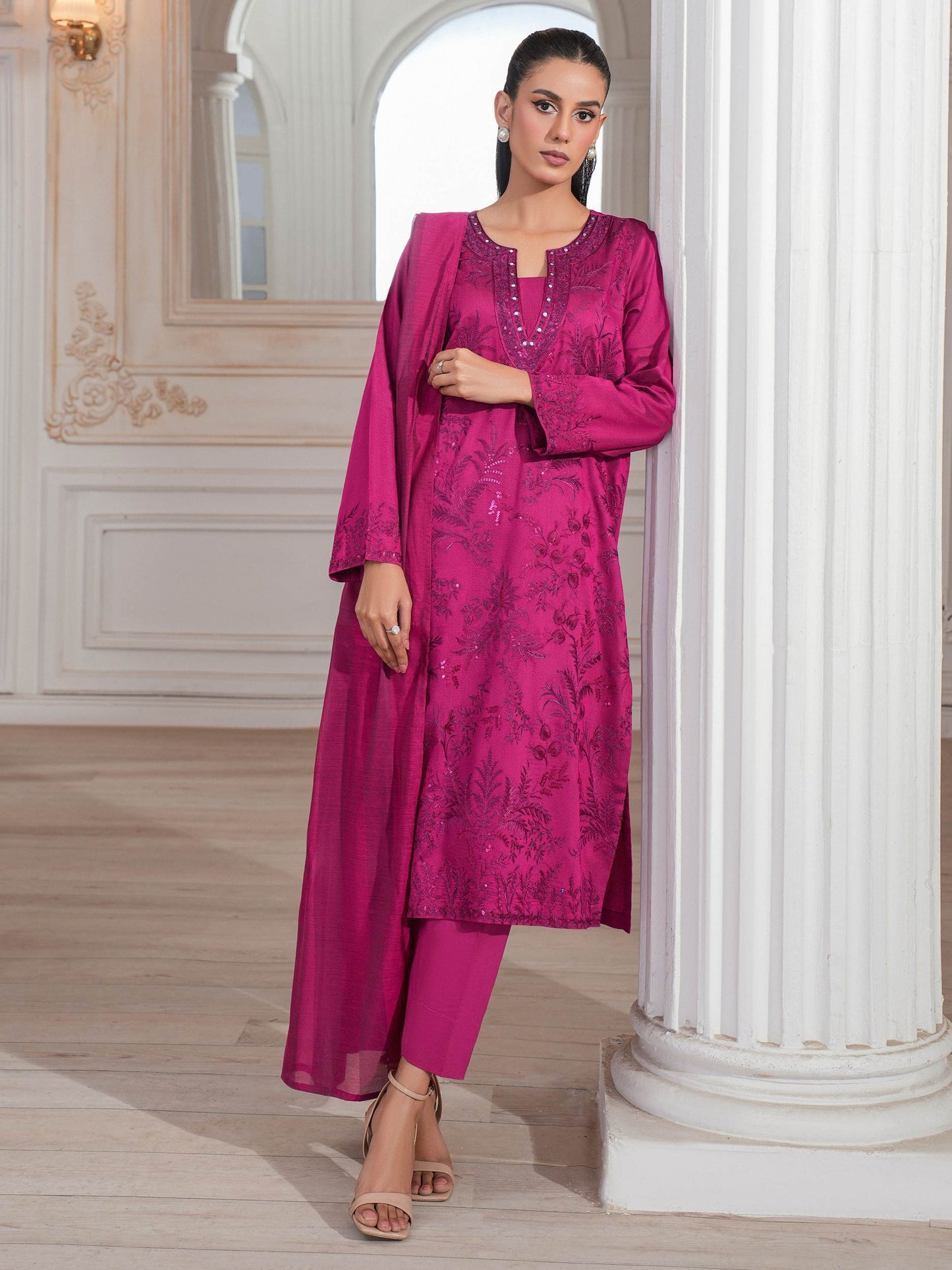 3 Piece Raw Silk Suit-Embroidered (Unstitched)