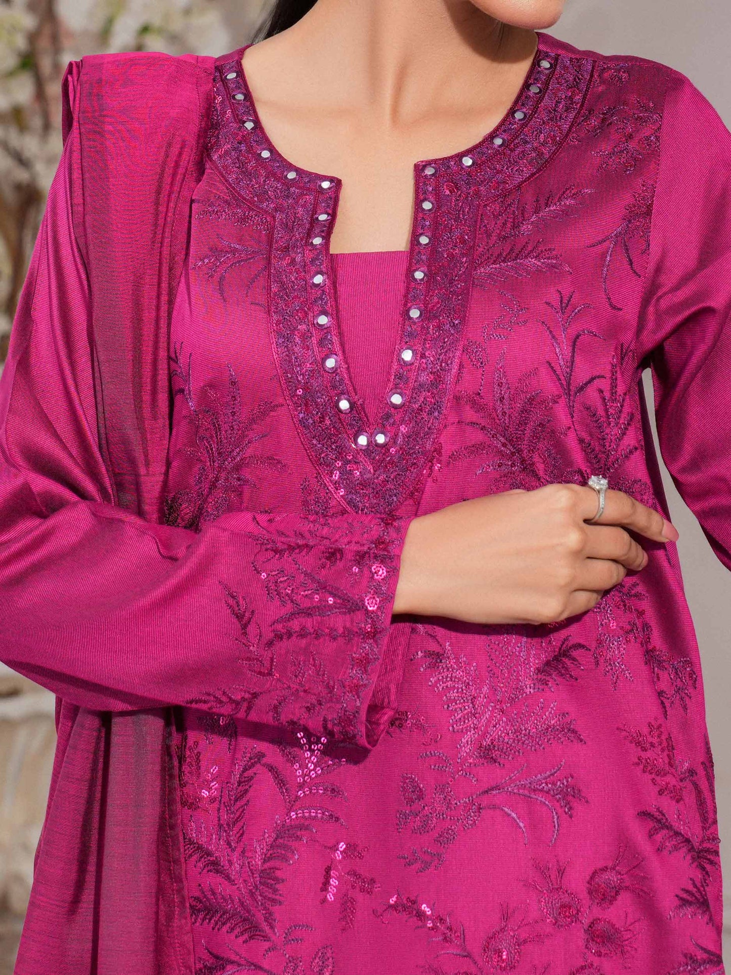 3 Piece Raw Silk Suit-Embroidered (Unstitched)