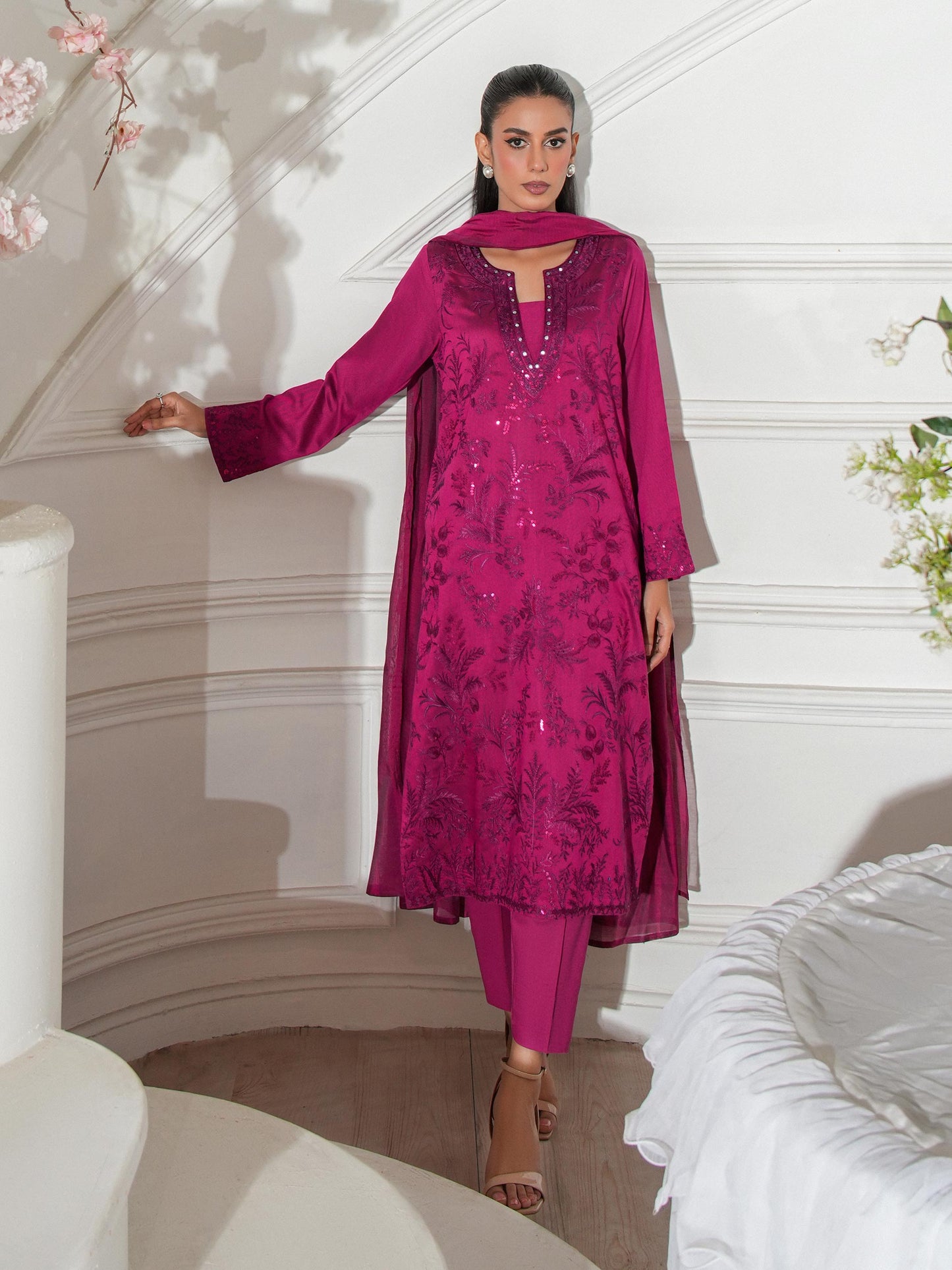 3 Piece Raw Silk Suit-Embroidered (Unstitched)