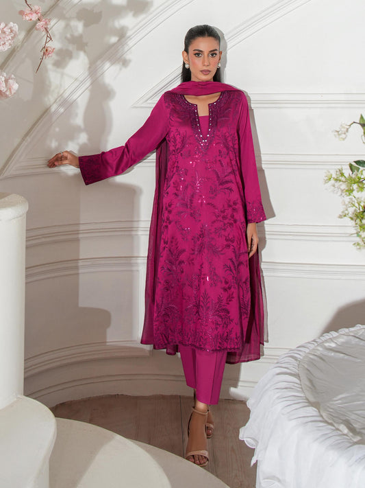 3 Piece Raw Silk Suit-Embroidered (Unstitched)