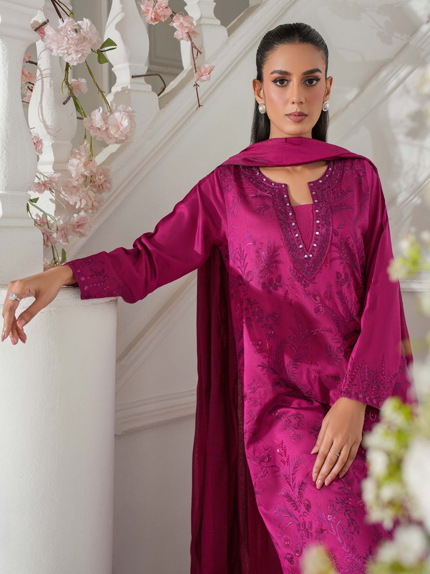 3 Piece Raw Silk Suit-Embroidered (Unstitched)