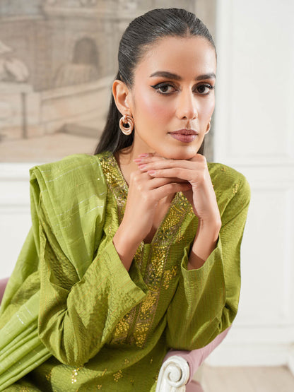 3 Piece Raw Silk Suit-Embroidered (Unstitched)