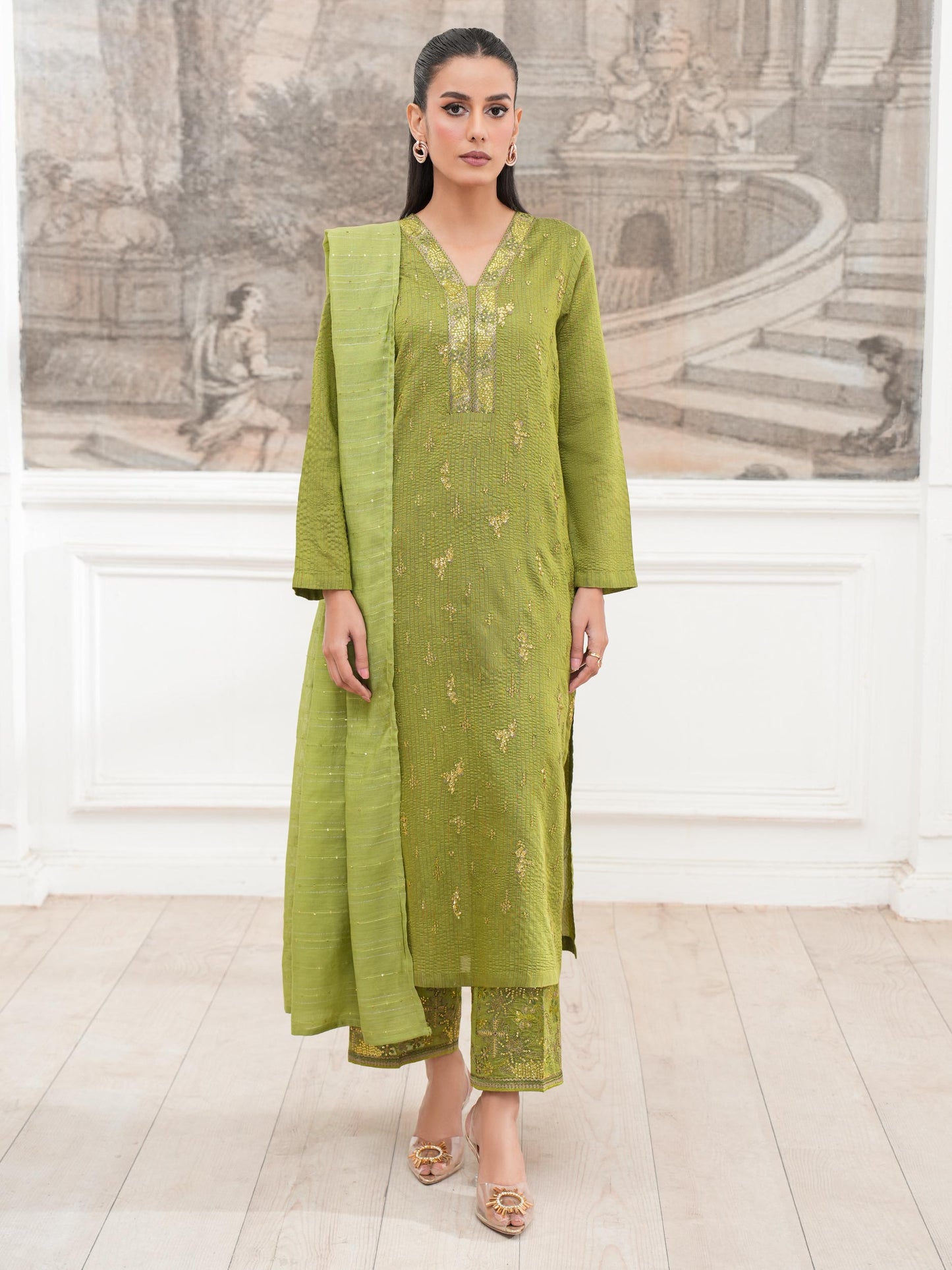 3 Piece Raw Silk Suit-Embroidered (Unstitched)