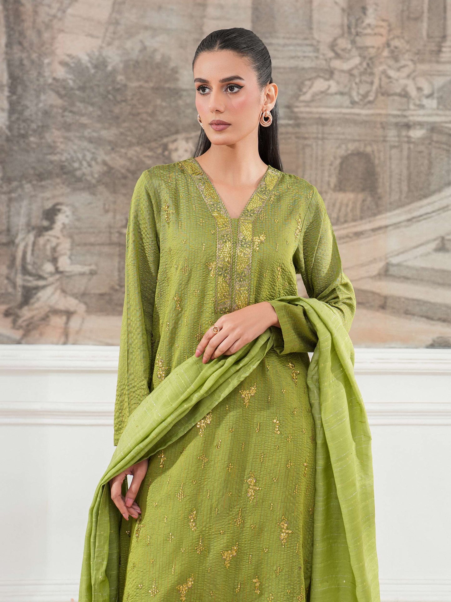 3 Piece Raw Silk Suit-Embroidered (Unstitched)