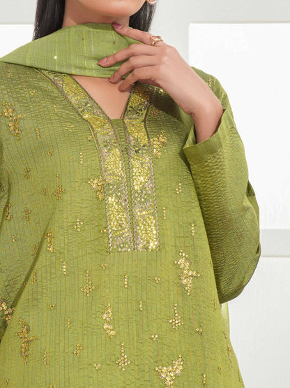 3 Piece Raw Silk Suit-Embroidered (Unstitched)