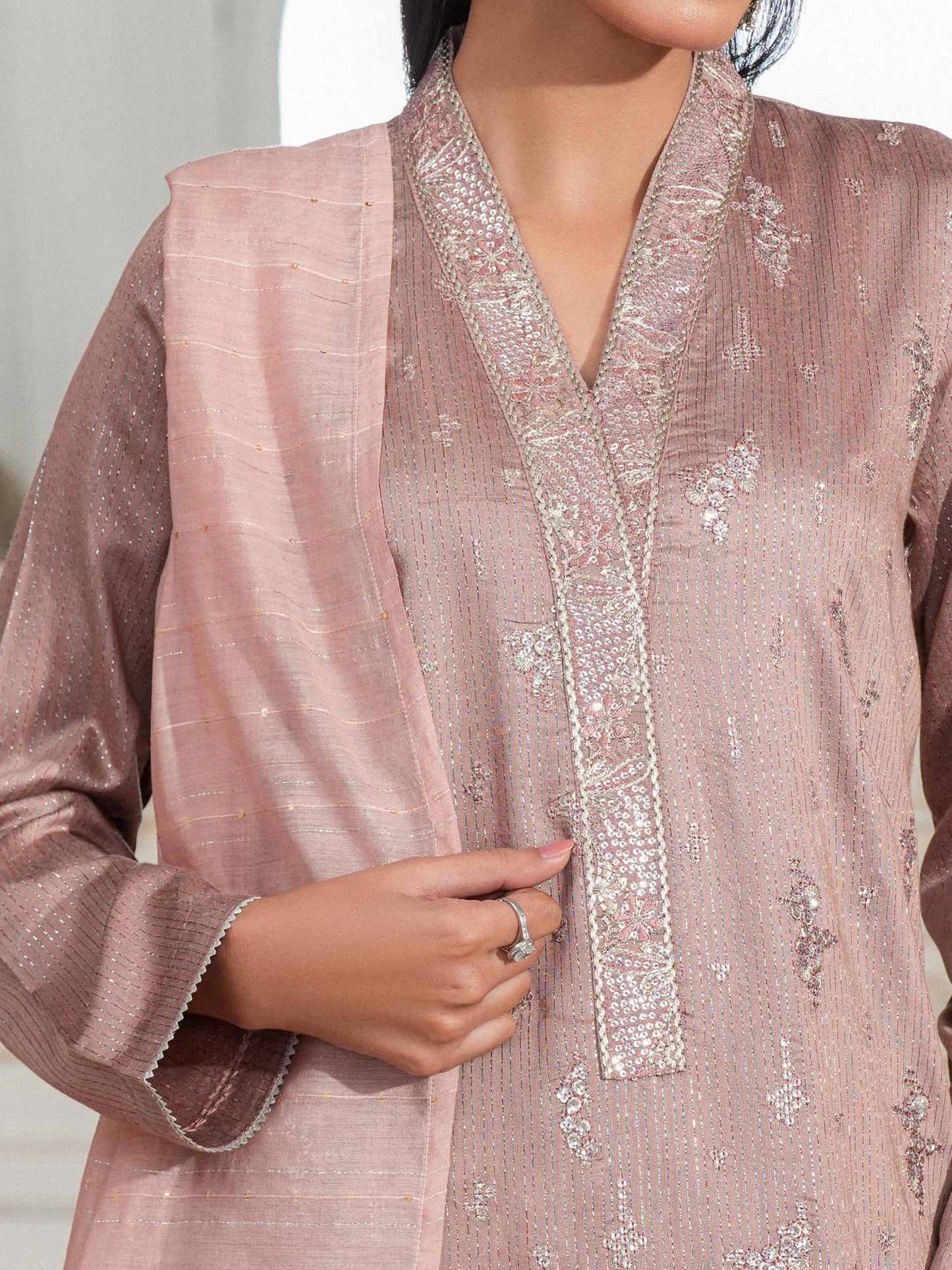 3 Piece Raw Silk Suit-Embroidered (Unstitched)