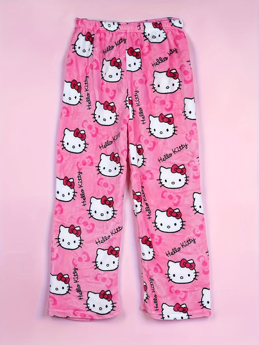 Cozy Hello Kitty Flannel Pajama Bottoms for Women - Ultra-Soft, Warm, and Comfy Anime Print Lounge Pants with Relaxed Fit, Perfect for Lounging, Sleepwear, and Casual Daily Wear