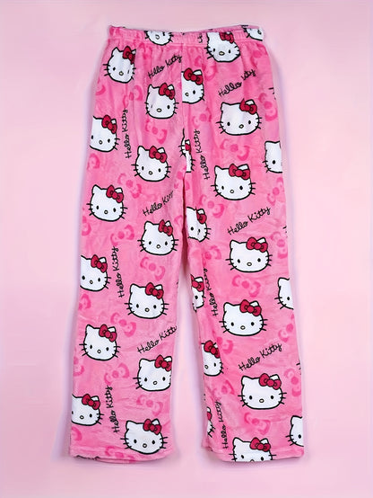 Cozy Hello Kitty Flannel Pajama Bottoms for Women - Ultra-Soft, Warm, and Comfy Anime Print Lounge Pants with Relaxed Fit, Perfect for Lounging, Sleepwear, and Casual Daily Wear