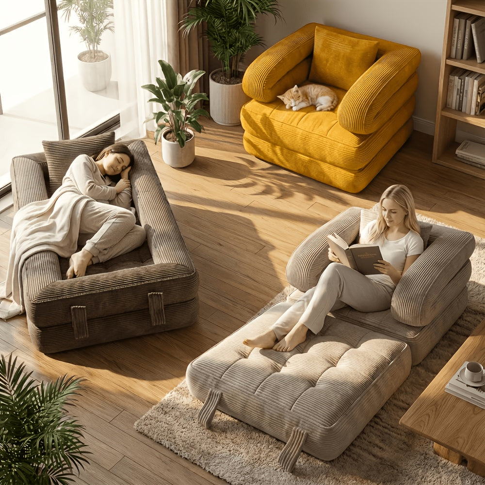 Modern Tatami Cloud Space-Saving Corduroy Upholstery Memory Foam Double-Layer Foldable Convertible No Assembly Required Sofa Bed Couch for Living Room Bedroom Apartment Office