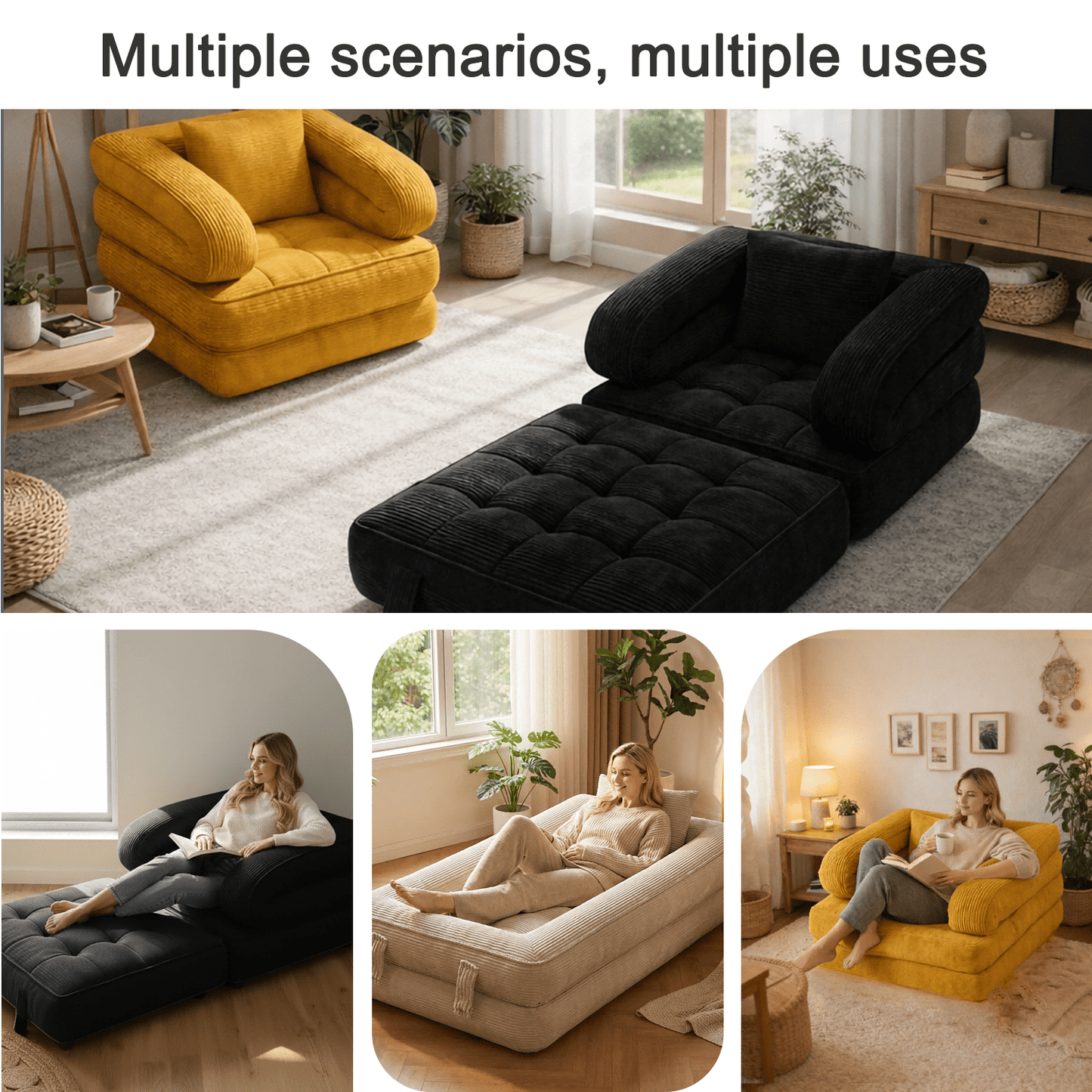 Modern Tatami Cloud Space-Saving Corduroy Upholstery Memory Foam Double-Layer Foldable Convertible No Assembly Required Sofa Bed Couch for Living Room Bedroom Apartment Office