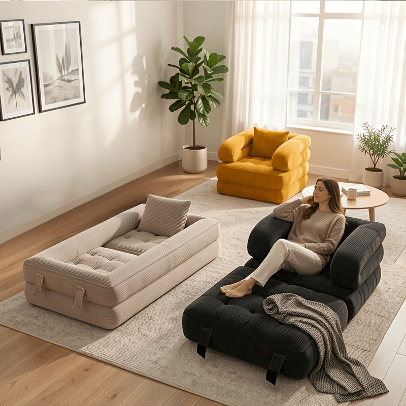 Modern Tatami Cloud Space-Saving Corduroy Upholstery Memory Foam Double-Layer Foldable Convertible No Assembly Required Sofa Bed Couch for Living Room Bedroom Apartment Office