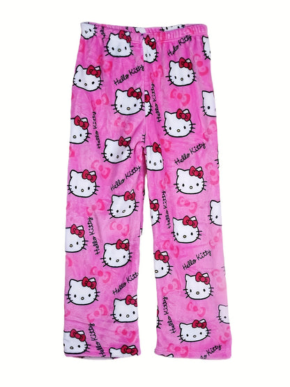 Cozy Hello Kitty Flannel Pajama Bottoms for Women - Ultra-Soft, Warm, and Comfy Anime Print Lounge Pants with Relaxed Fit, Perfect for Lounging, Sleepwear, and Casual Daily Wear