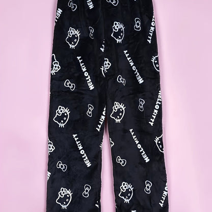 Cozy Hello Kitty Flannel Pajama Bottoms for Women - Ultra-Soft, Warm, and Comfy Anime Print Lounge Pants with Relaxed Fit, Perfect for Lounging, Sleepwear, and Casual Daily Wear