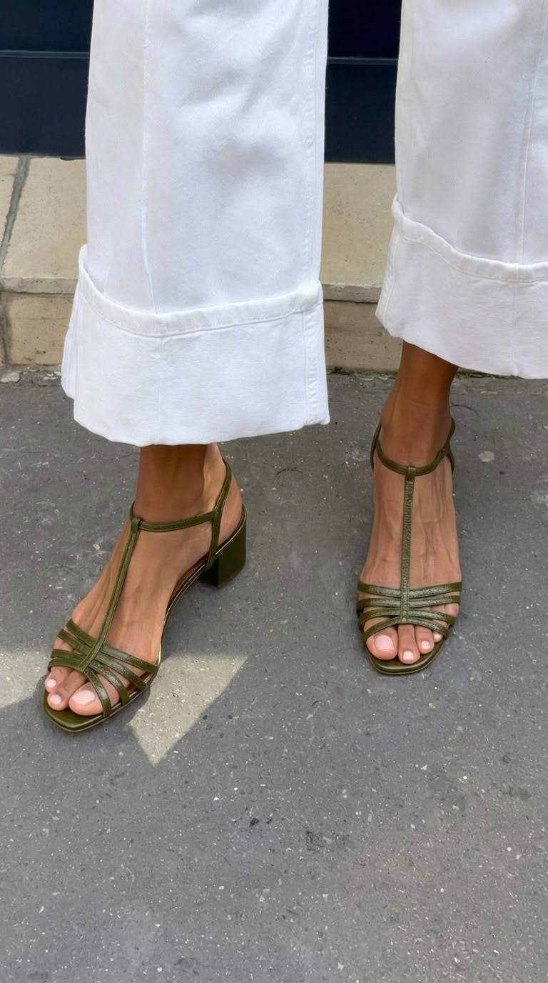 Sandalias de tacón de bloque con hebilla en T metalizadas
