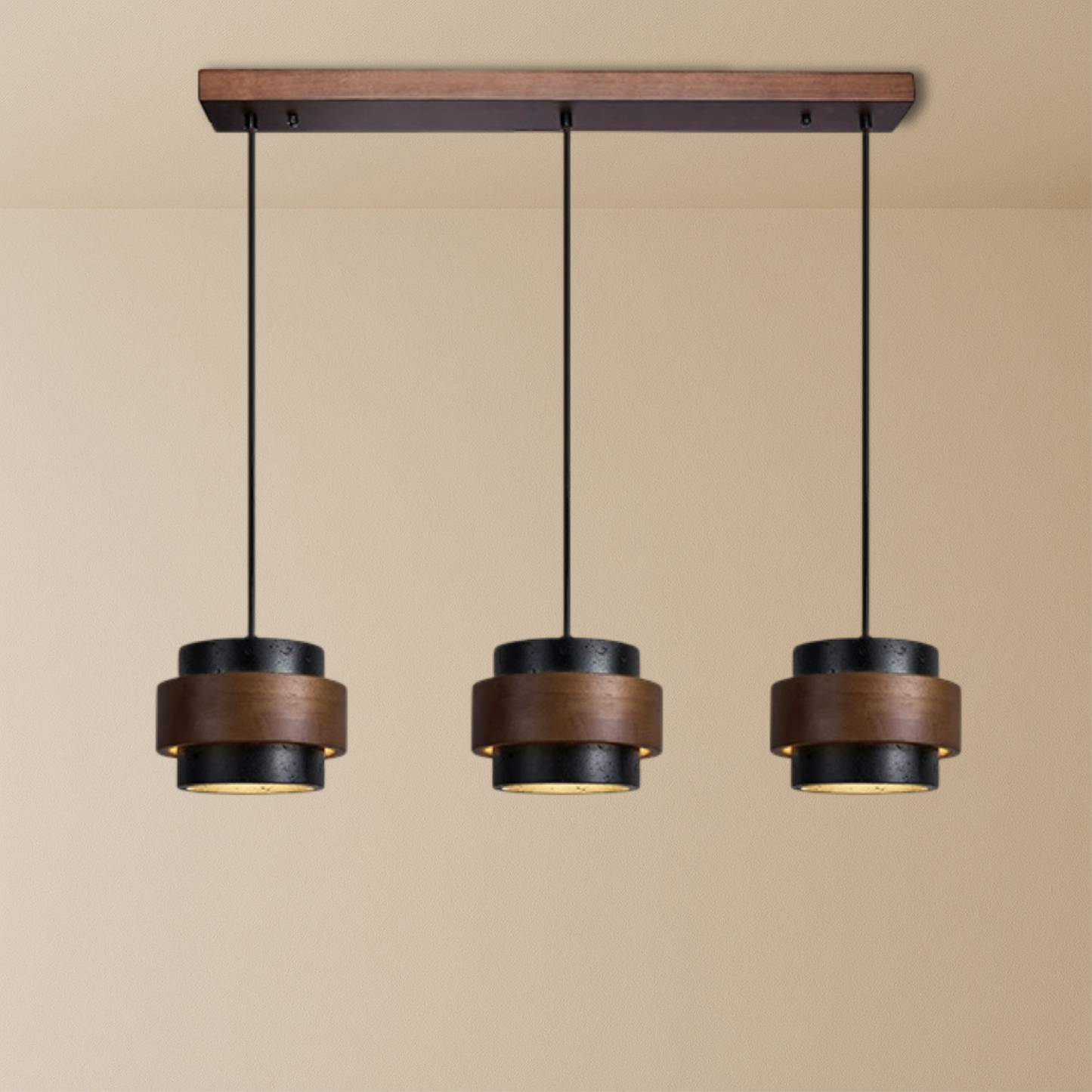 Lustre Suspendu à Trois Têtes en Travertin Noire Élégant