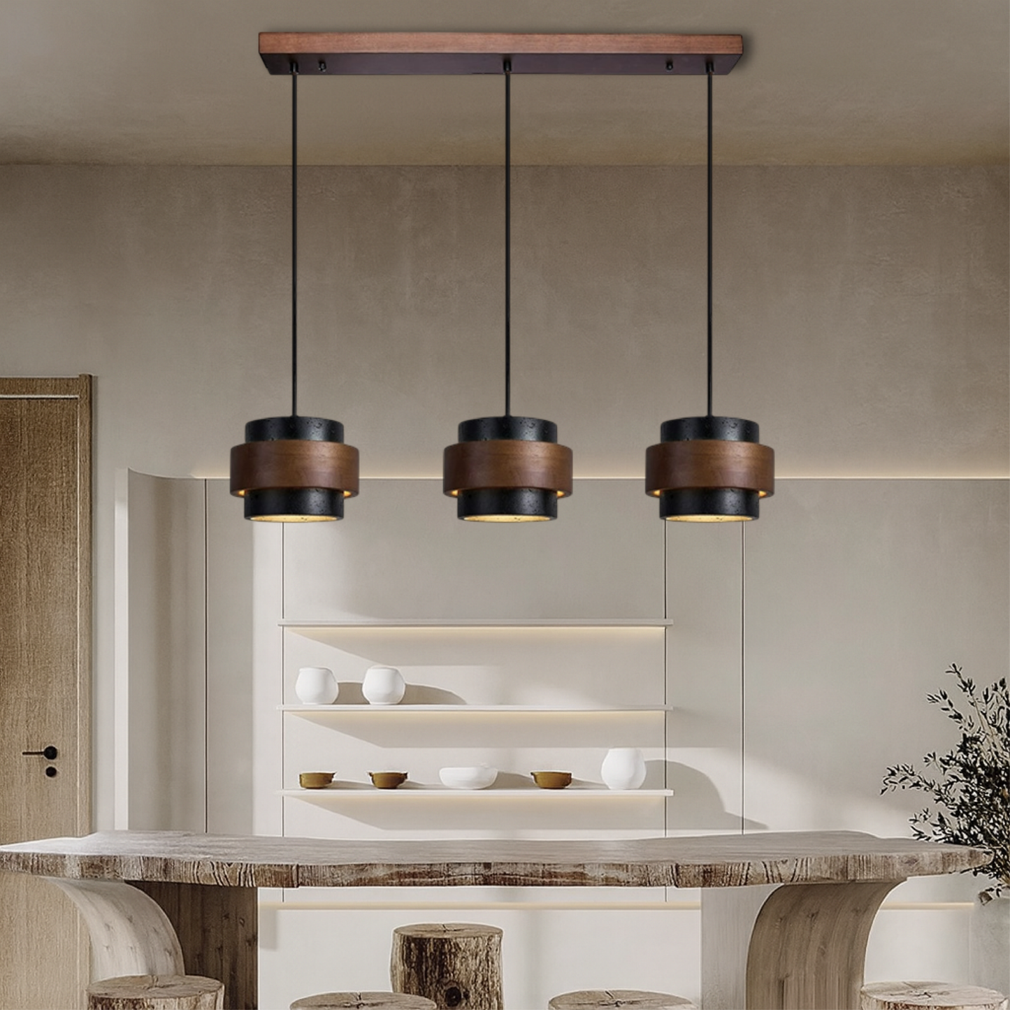 Three-Head Black Travertine Pendant Light — Modern Ceiling Fixture