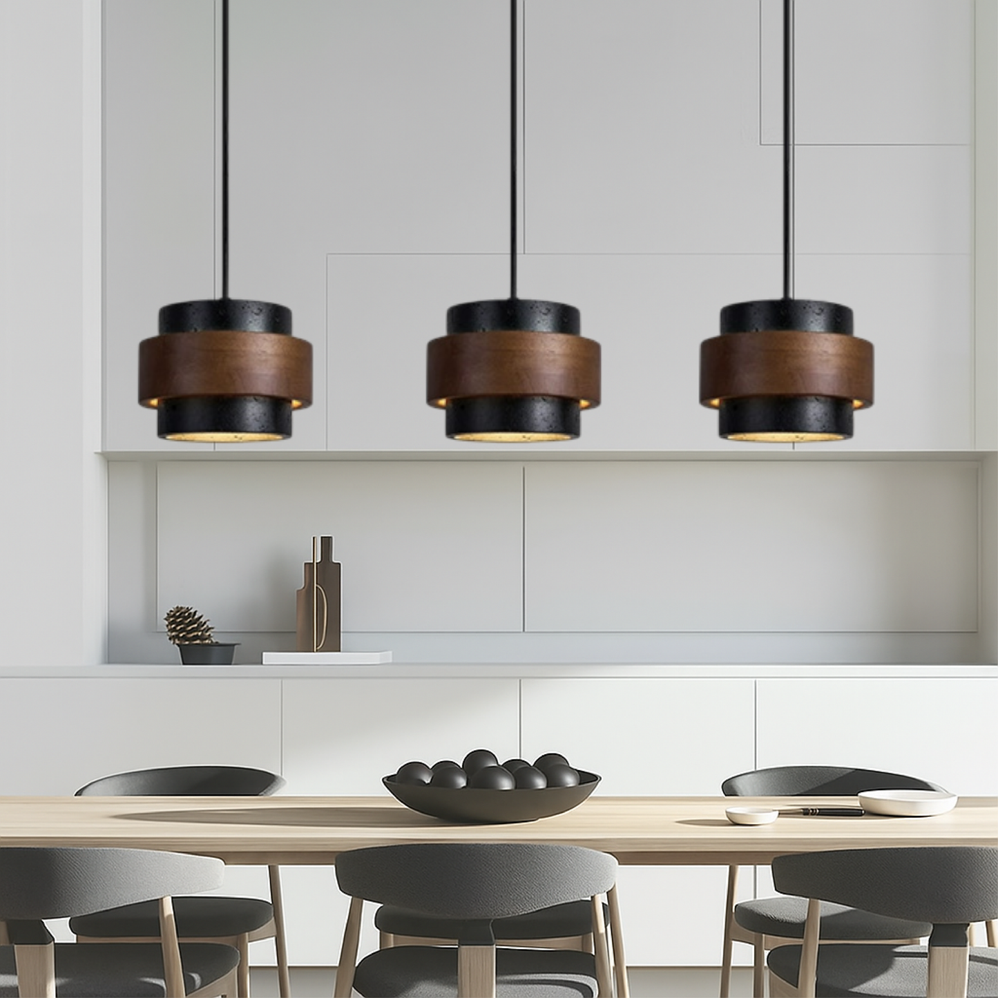 Lustre Suspendu à Trois Têtes en Travertin Noire Élégant