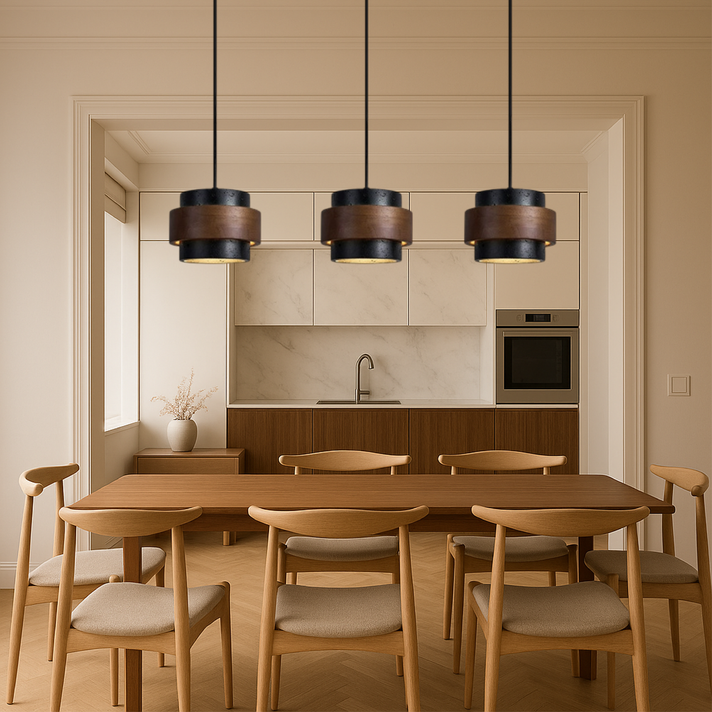 Lustre Suspendu à Trois Têtes en Travertin Noire Élégant
