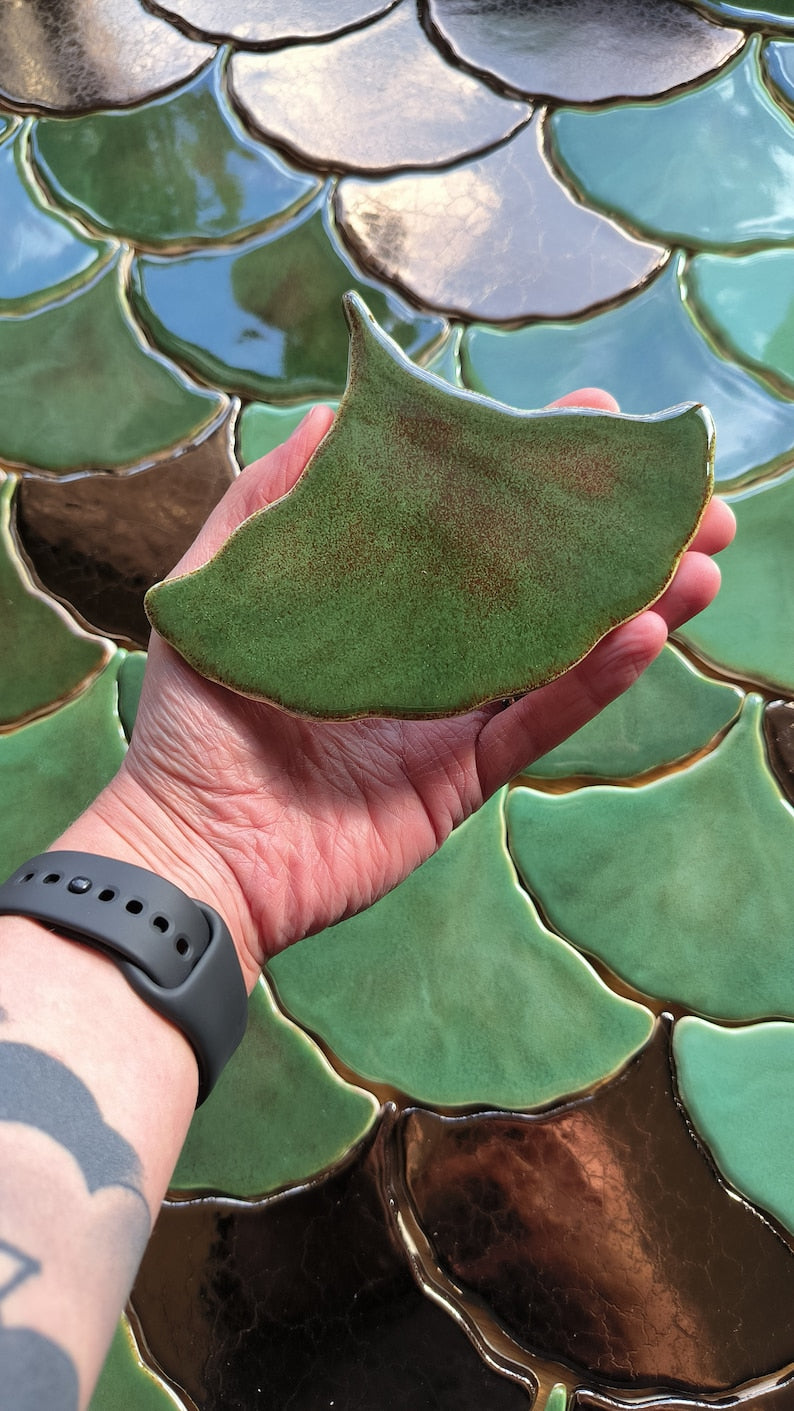Handmade ceramic mosaic tile, Ginkgo Biloba Ceramic, Green effect glossy glaze, Nature, Green Leave tiles, Price per 1 piece, Sample