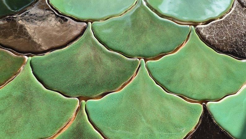 Handmade ceramic mosaic tile, Ginkgo Biloba Ceramic, Green effect glossy glaze, Nature, Green Leave tiles, Price per 1 piece, Sample