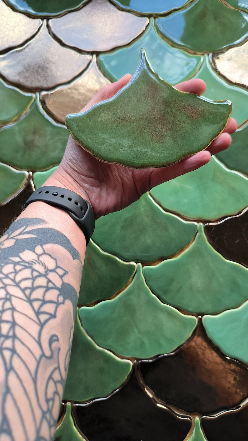 Handmade ceramic mosaic tile, Ginkgo Biloba Ceramic, Green effect glossy glaze, Nature, Green Leave tiles, Price per 1 piece, Sample
