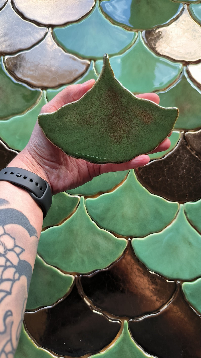 Handmade ceramic mosaic tile, Ginkgo Biloba Ceramic, Green effect glossy glaze, Nature, Green Leave tiles, Price per 1 piece, Sample