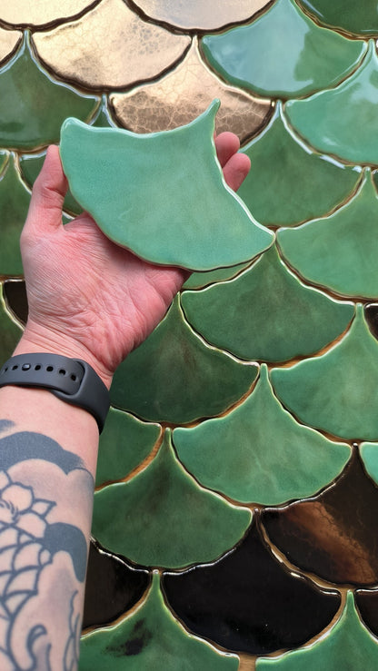 Handmade ceramic mosaic tile, Ginkgo Biloba Ceramic, Green effect glossy glaze, Nature, Green Leave tiles, Price per 1 piece, Sample