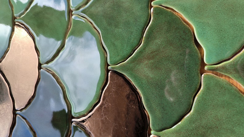 Handmade ceramic mosaic tile, Ginkgo Biloba Ceramic, Green effect glossy glaze, Nature, Green Leave tiles, Price per 1 piece, Sample