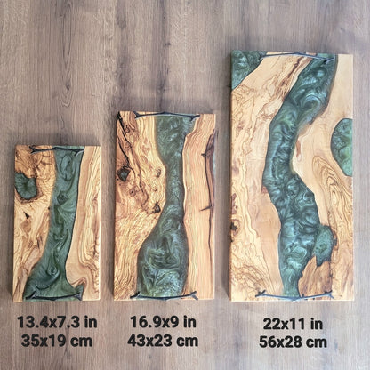 Custom Charcuterie Board , Personalized Serving Tray With Handle , Green Resin Olive Wood Cheese Board , Housewarming Gift , Christmas Gift