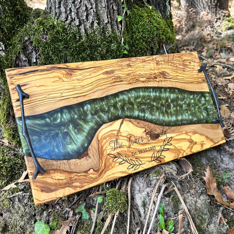 Custom Charcuterie Board , Personalized Serving Tray With Handle , Green Resin Olive Wood Cheese Board , Housewarming Gift , Christmas Gift