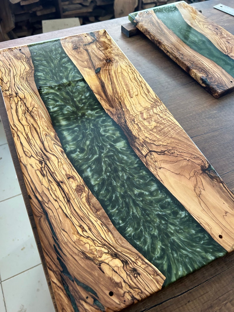 Custom Charcuterie Board , Personalized Serving Tray With Handle , Green Resin Olive Wood Cheese Board , Housewarming Gift , Christmas Gift