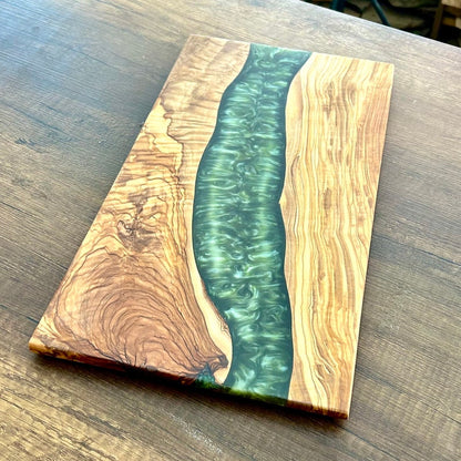 Custom Charcuterie Board , Personalized Serving Tray With Handle , Green Resin Olive Wood Cheese Board , Housewarming Gift , Christmas Gift