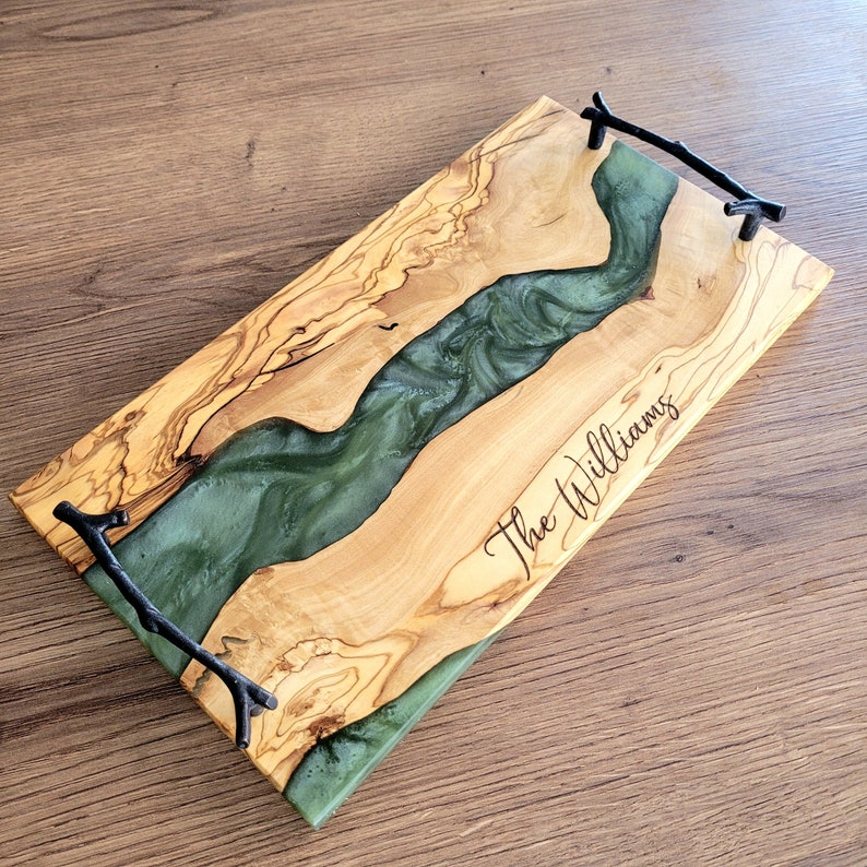 Custom Charcuterie Board , Personalized Serving Tray With Handle , Green Resin Olive Wood Cheese Board , Housewarming Gift , Christmas Gift