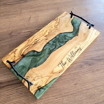 Custom Charcuterie Board , Personalized Serving Tray With Handle , Green Resin Olive Wood Cheese Board , Housewarming Gift , Christmas Gift