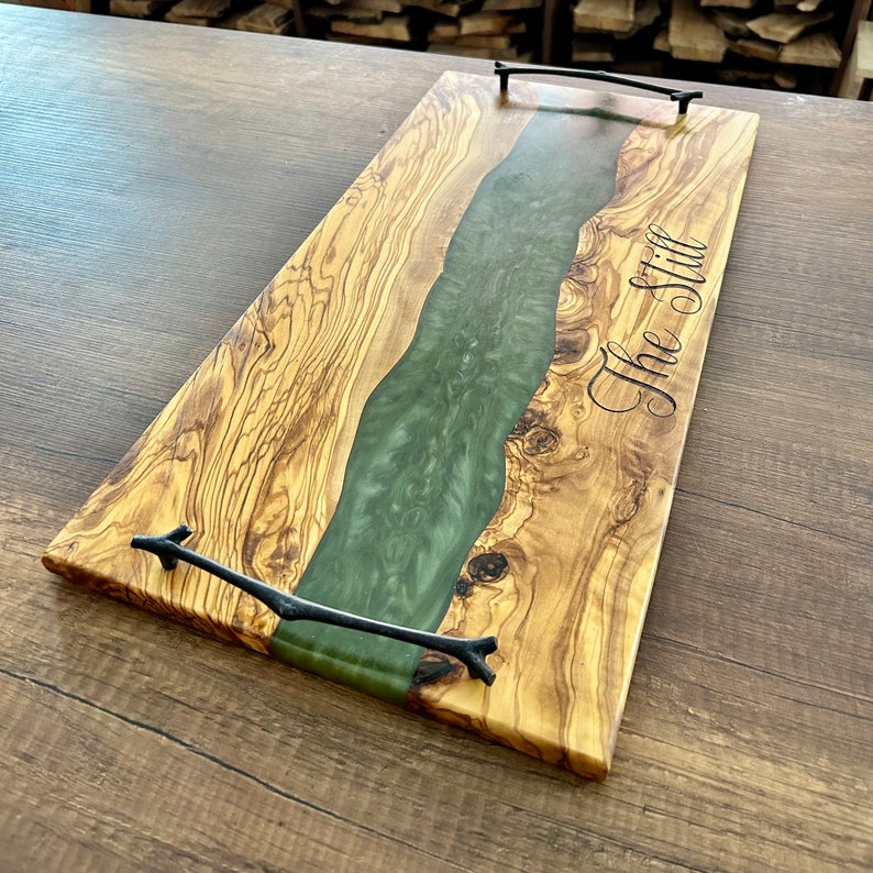 Custom Charcuterie Board , Personalized Serving Tray With Handle , Green Resin Olive Wood Cheese Board , Housewarming Gift , Christmas Gift